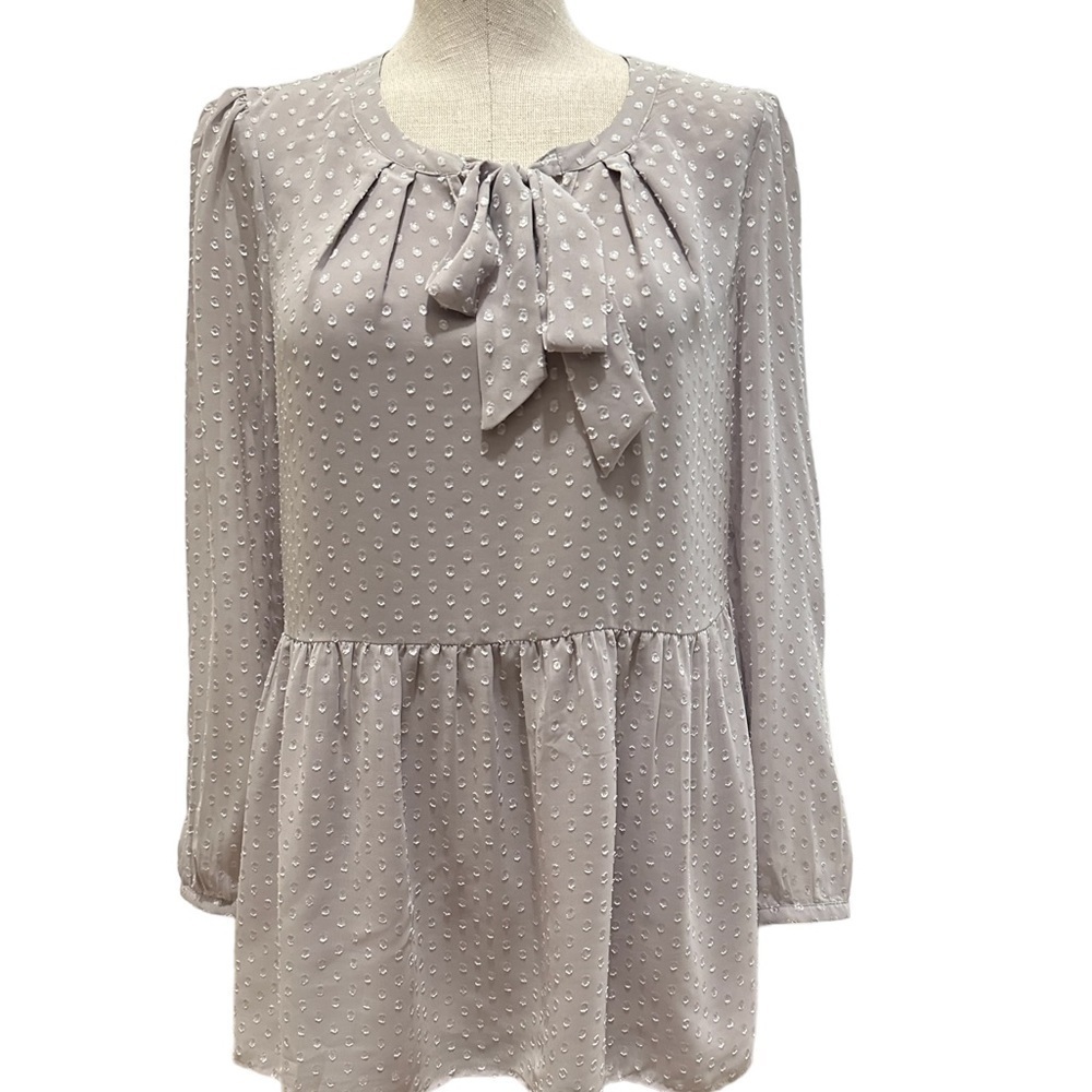 DR2 Peplum Neck Tie High Low Gray Medium Petite Feminine Career Swiss Dot Work